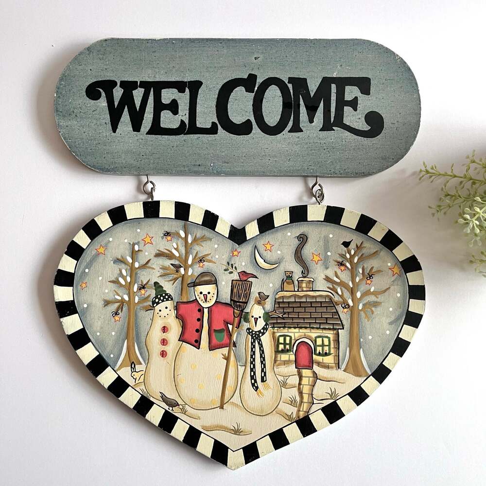 VTG Hand Painted Wooden Welcome Sign Snowmen Heart Checkerboard Country Grandma